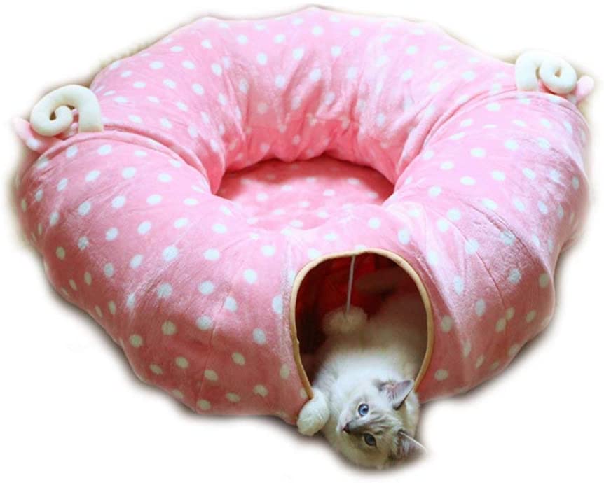 Mumoo Bear Cat Tube and Tunnel with Central Mat for Cat Dog, Soft Mink Cashmere and Full Moon Shaped, Pink