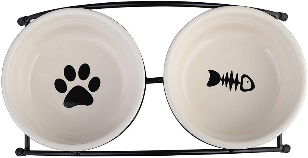 Mumoo Bear mb-f02 Pet Personalized Cute Feeder Double Ceramic Cat Dog Bowl Dishes Elevated Food and Water Bowls, White