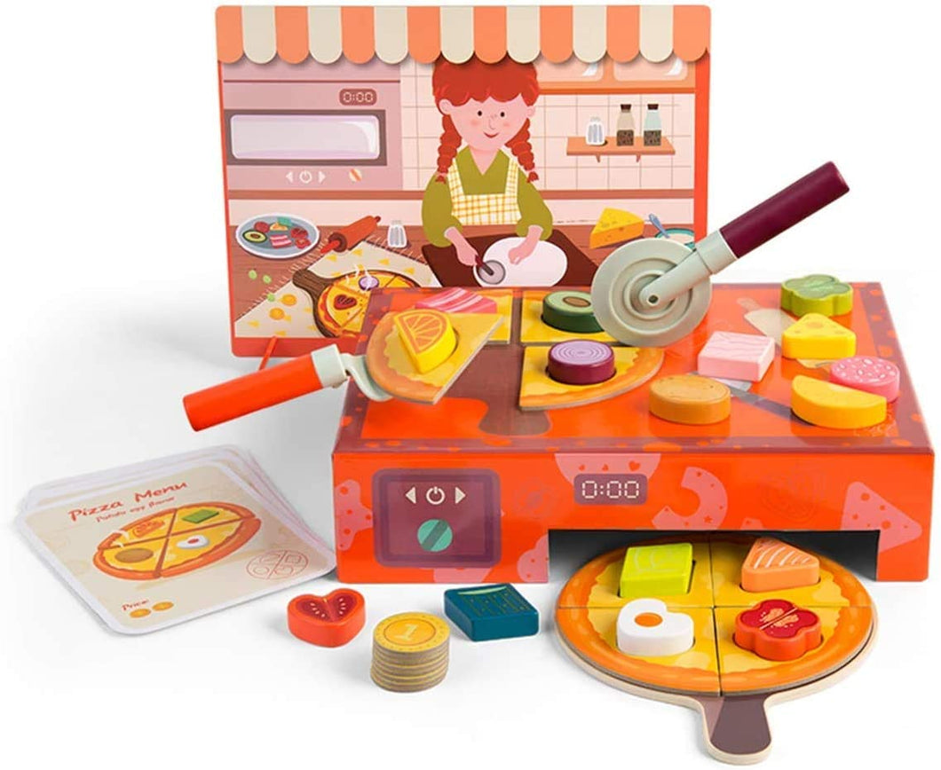Mumoo Bear Pizza Toys, Kids Play Food Wooden Pizza Making Toy Set with Toppings & Oven, Pretend Play Kitchen Cooking Playset