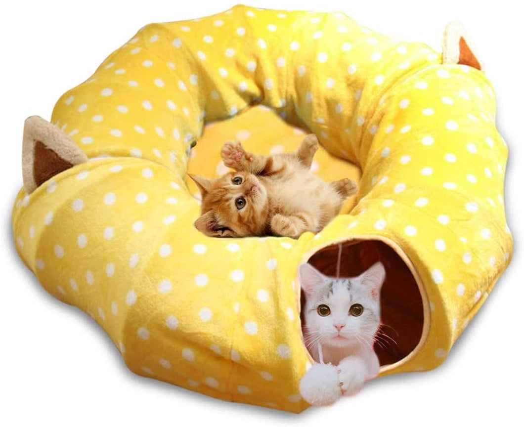 Mumoo Bear Cat Tube and Tunnel with Central Mat for Cat Dog, Soft Mink Cashmere and Full Moon Shaped, Yellow