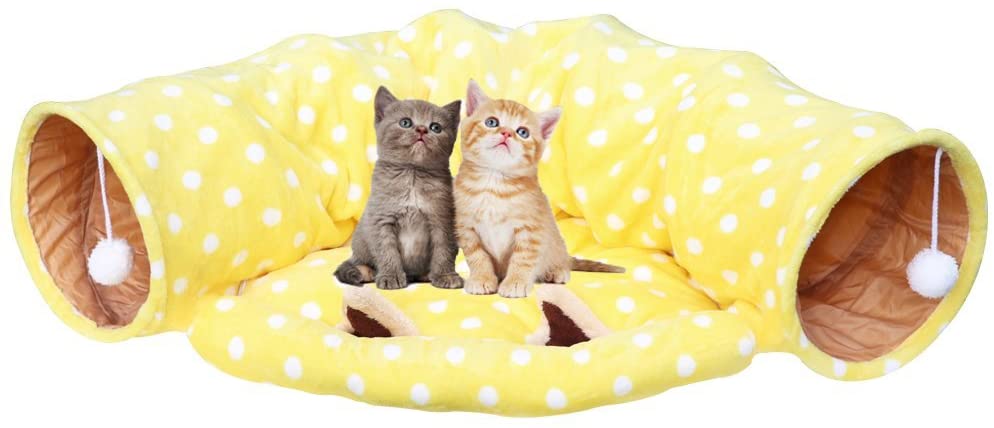 Mumoo Bear Cat Tunnel Bed with Cushion Tube Toys Collapsible Cat Mate Kitten Tunnel Toy for Playful Puppy&Kitty