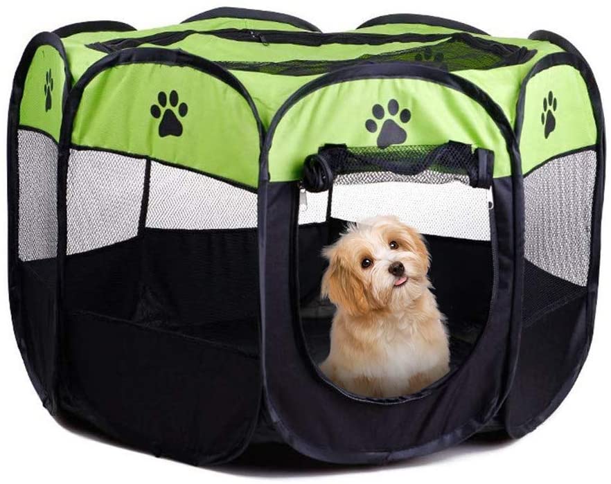 Gluckluz Pet Playpen Dog Tent Cat Kennel Puppy Foldable Bed House for Rabbit Small Medium Large Kitten Animals Indoor Outdoor Travel Camping Exercise (Black & Green)