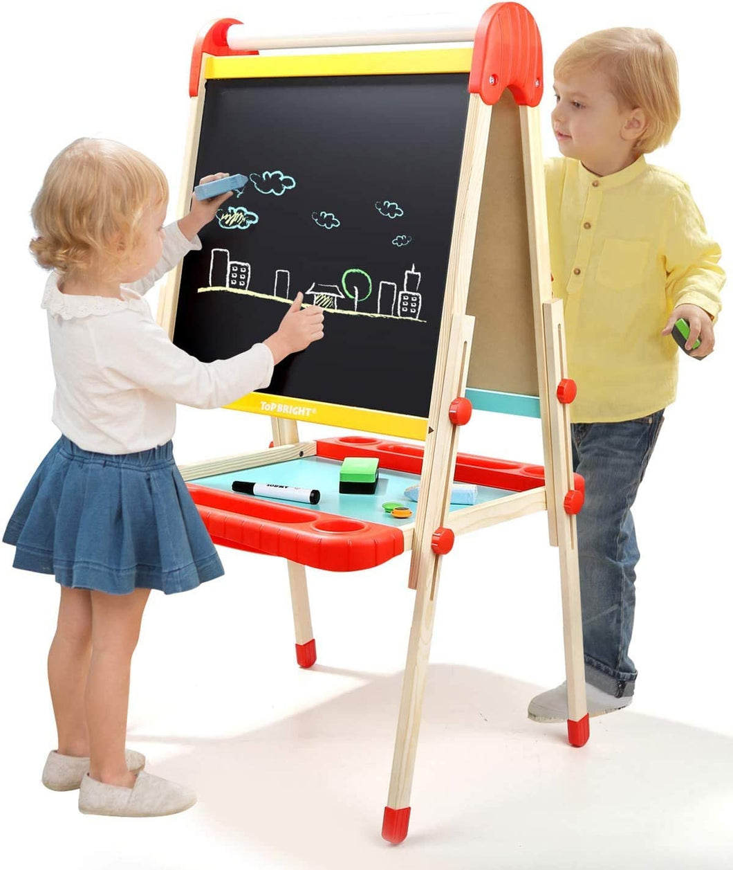 Mumoo Bear Wooden Art Easel for Kids, Toddler Easel Adjustable with Paper Roll, Child Easel with Magnetic Chalkboard