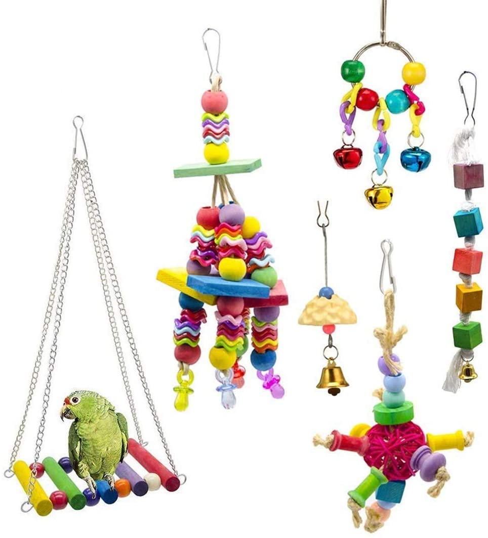 Mumoo Bear 6 Pcs Bird Swing Toys Bell Colorful Natural Wood Hammock Hanging Perch