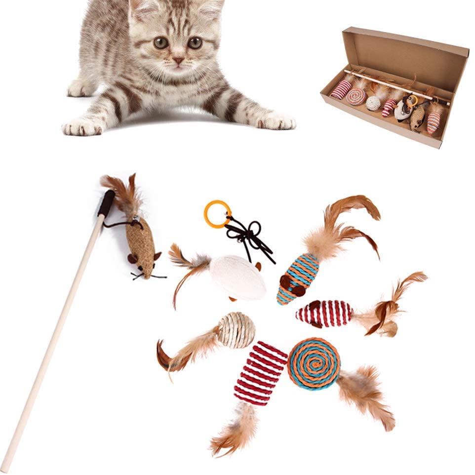 Mumoo Bear 7pcs Feather Cat Teaser Wand Toys Interactive Cat Kitten Scratch Toy Set