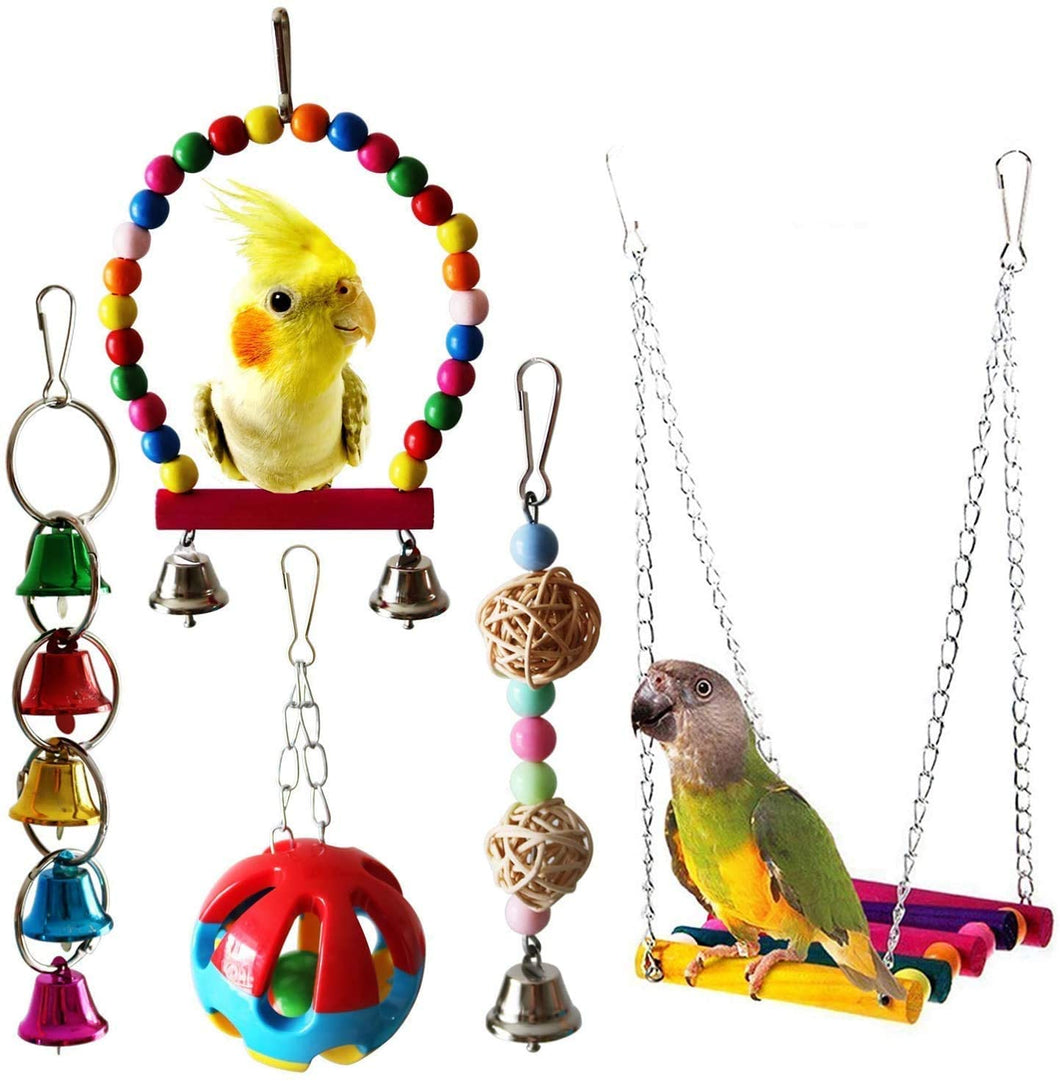 Mumoo Bear 5-Piece Bird Parrot Toys Hanging Bell Pet Bird Cage Hammock Swing