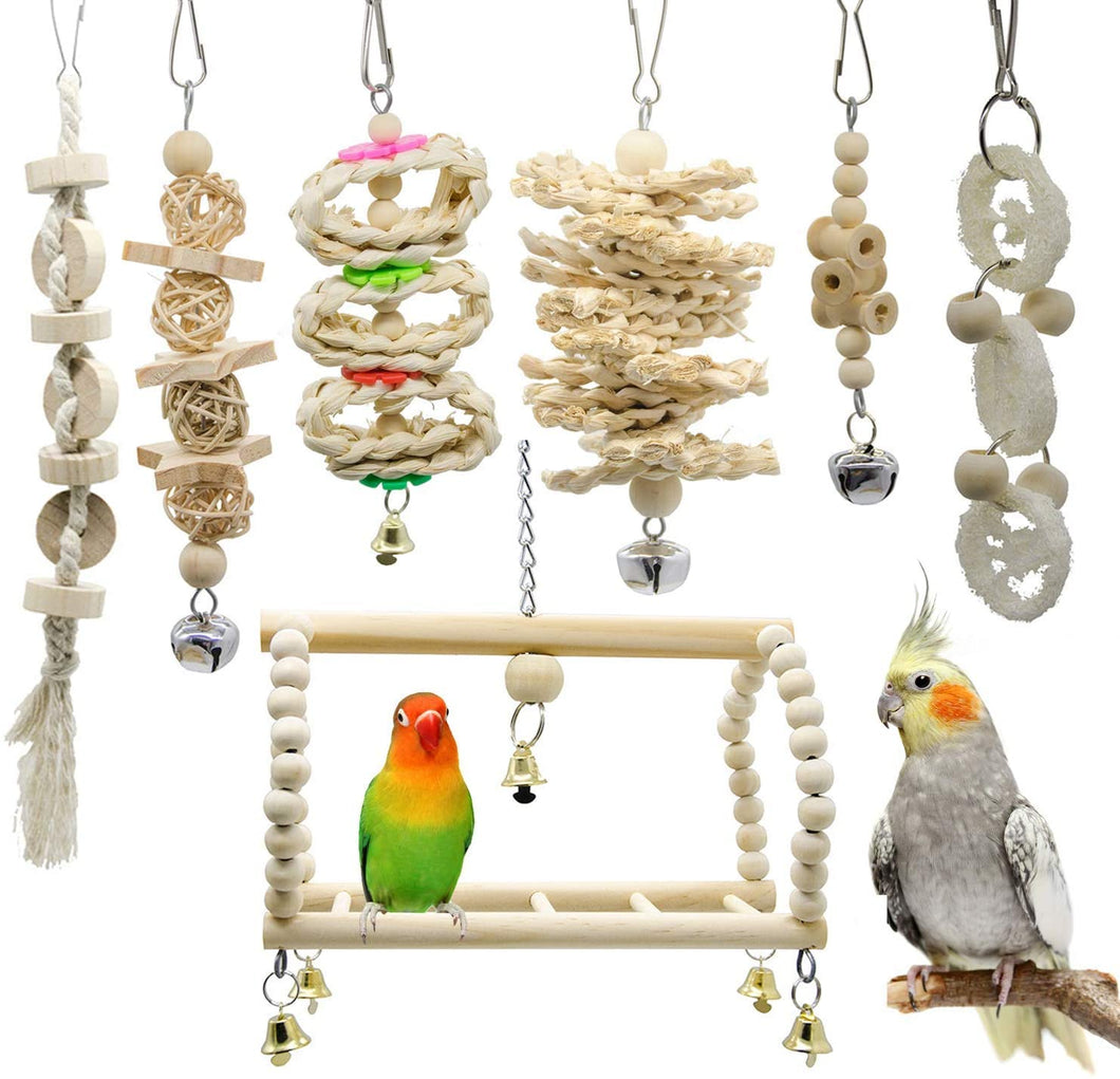Mumoo Bear 7 Packs Bird Parrot Swing Chewing Toys, Hanging Bell Bird Cage Toys, Brown