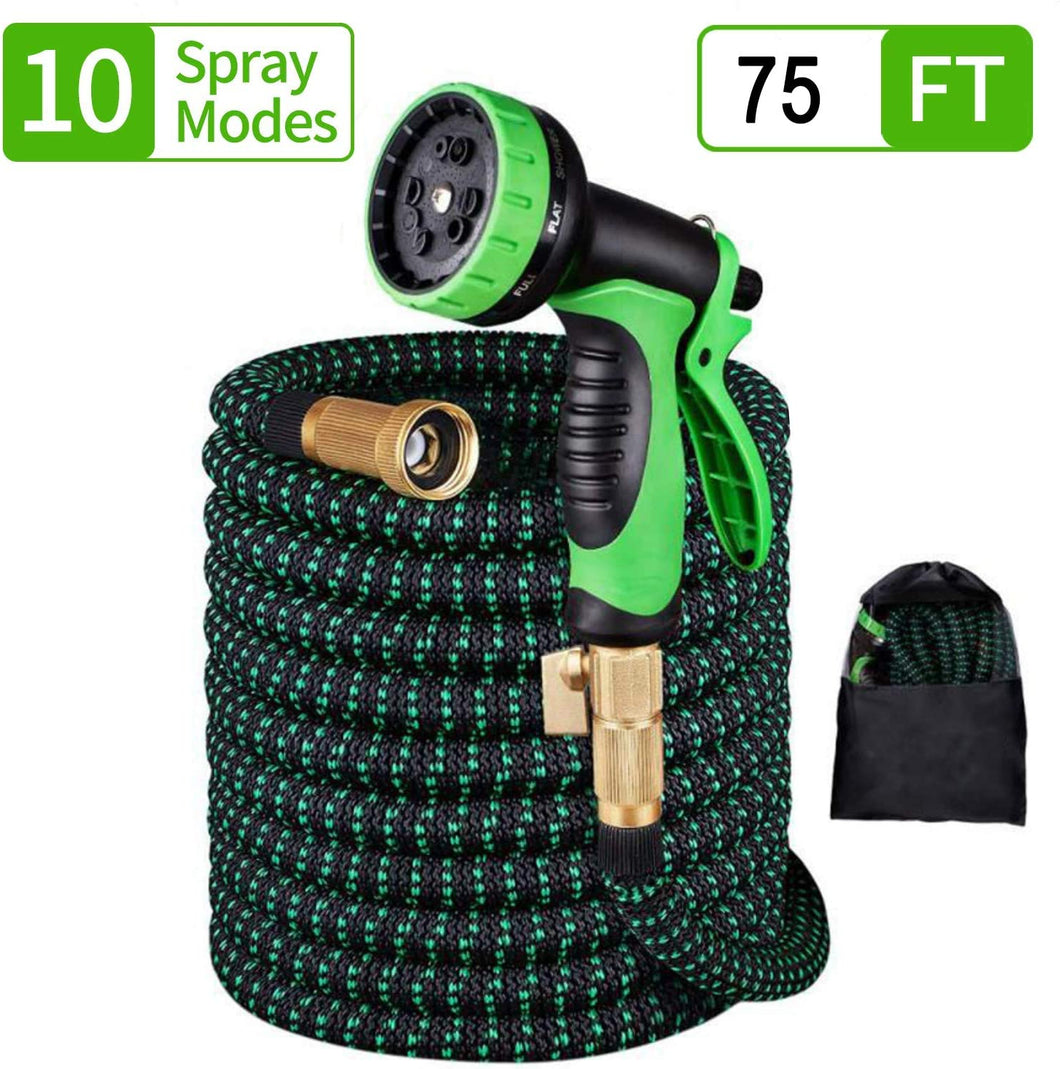 Roll over image to zoom in Garden Water Hose Expandable Strength Brass Connectors Water Squeeze Sprayer Nozzle 10 Spray Patterns for Car Washing Garden Plants Watering Pets Shower Floor Cleaning(Black&Green,75 Feet)